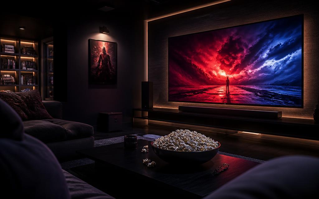 Salon home cinéma sombre avec grand écran et ambiance films et séries