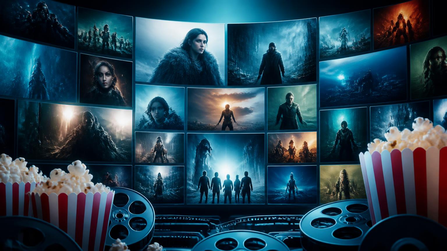 Mur d'écrans diffusant des scènes de films et de séries dans une lumière bleu turquoise