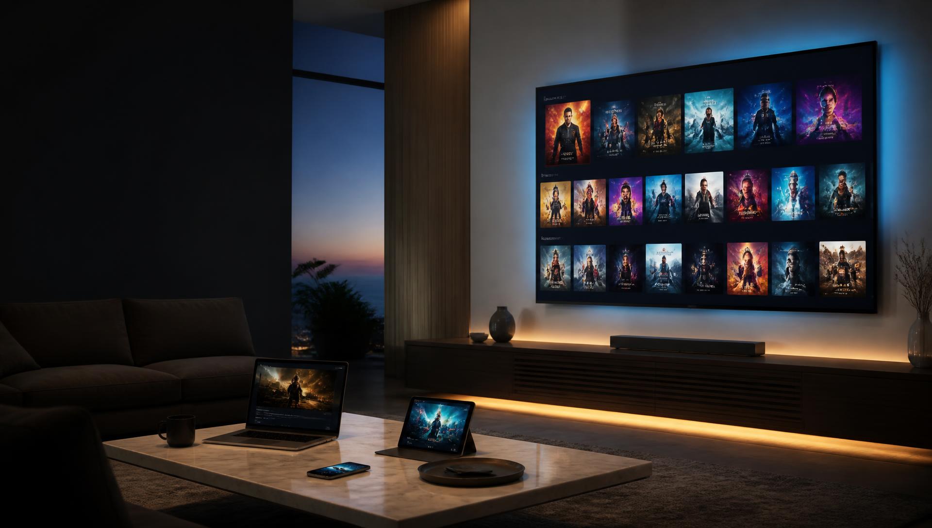 Salon moderne premium avec une grande Smart TV affichant une interface de streaming, un smartphone, une tablette et un ordinateur portable